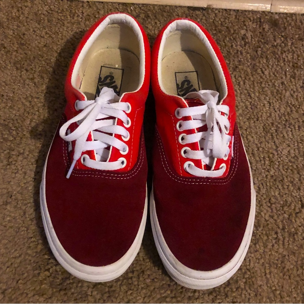 Suede red snd maroon vans.